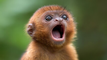 Fototapeta premium A young monkey sits in a verdant jungle, its mouth wide open as it vocalizes in excitement. The vibrant green background highlights the monkey's expressive face and fluffy fur