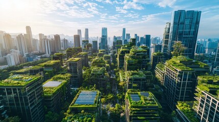 Aerial perspective shows a modern cityscape with lush green gardens and solar energy systems integrated into the rooftops, showcasing sustainable urban living