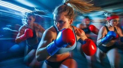 A group of women enthusiastically engages in a boxing workout, showcasing intense focus and power during a fitness class. The atmosphere is filled with energy and motivation