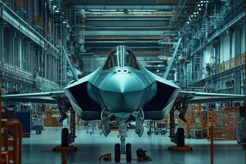 Obraz premium Techs building advanced fighter jet in large hangar