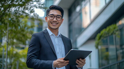 Fototapeta premium Young businessman is holding a tablet and smiling outdoors in a modern city setting