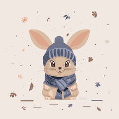 A cute bunny wrapped in a warm scarf sits in the forest under falling autumn leaves. Vector flat cartoon illustration.