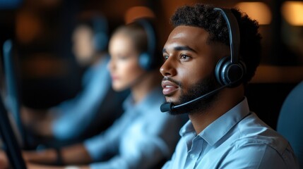 A group of call center agents focus on their computer screens while wearing headsets, efficiently managing customer inquiries in a modern office during evening hours
