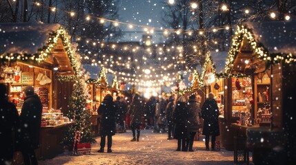 Vibrant Christmas Market with Handmade Crafts, Ornaments, and Holiday Treats Under String Lights