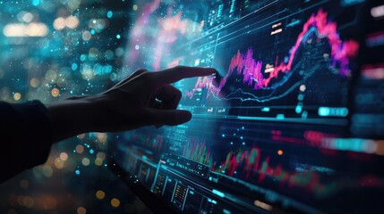 A hand controls a floating screen that displays a curve-fold diagram of a virtual currency exchange with a realistic, techno-feel