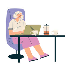 Senior Woman Character Sit at Desk with Laptop Vector Illustration