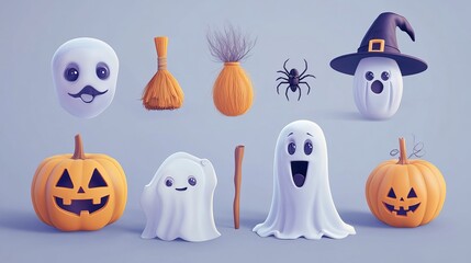 Halloween 3D set featuring fun cartoonish decorative elements Includes a creepy ghost smiling pumpkin spider witch hat cauldron and broom in vector style Perfect for holiday