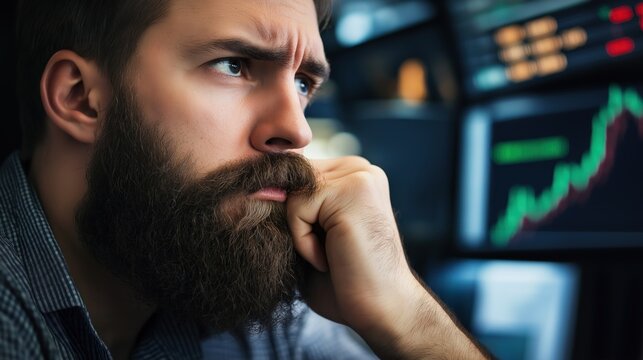 A man with a beard rests his chin on his hand while analyzing fluctuating financial data displayed on multiple screens in front of him, reflecting deep contemplation