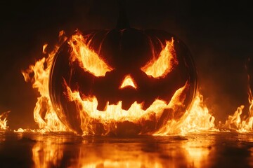 Fototapeta premium Hauntingly Illuminated Pumpkin Carvings at Night