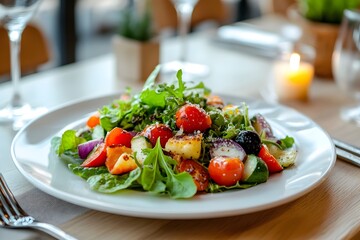 healthy and fresh salad full of tomatoes, cucumbers,  feta cheese and other vegetables