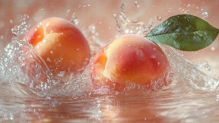 Fototapeta premium Peaches Splashing into Water with a Green Leaf