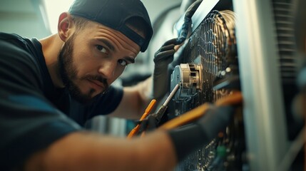 A technician meticulously conducts a final inspection on an air source heat pump, ensuring optimal performance in a commercial environment