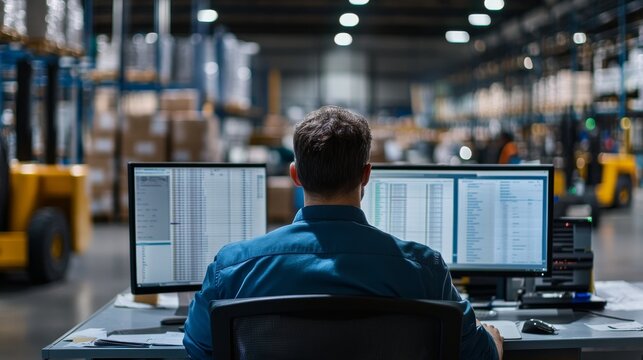 A logistics manager monitors operations at a computer desk surrounded by a busy warehouse. Multiple screens display various inventory and data analytics