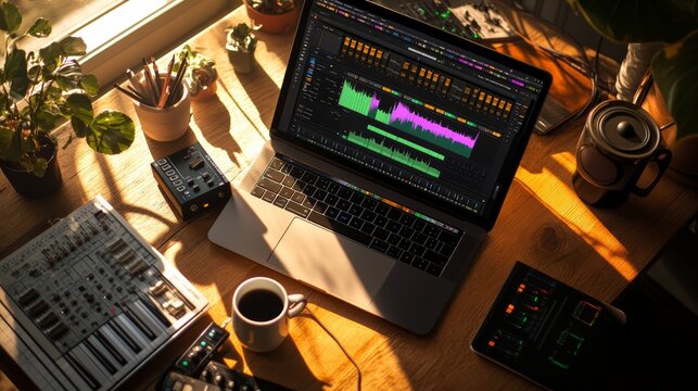 A vibrant desktop workspace shows a partially open laptop running audio editing software, surrounded by music production tools and a steaming coffee cup. Natural light illuminates the scene