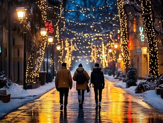 Three people walking thru a town in winter decorated with cute christmas lights.