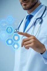 Doctor interacting with medical symbols in a modern setting