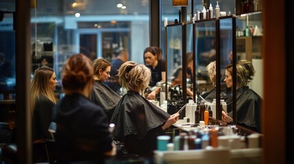 Stylists skillfully work on clients in a lively hair salon, where individuals receive various treatments and transformations in a welcoming atmosphere