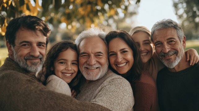 A senior couple shares a warm hug as they are surrounded by their smiling family, enjoying a delightful day outdoors in a park, creating cherished memories together
