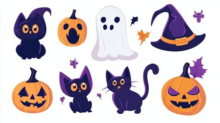 Halloween clipart set with a ghost pumpkin black cat and witch hat Cute vector characters with scary smiles and boo expressions for fall party decor