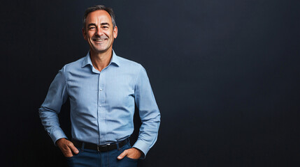 Obraz premium Mature businessman standing with a warm smile and hands in his pockets against a dark backdrop
