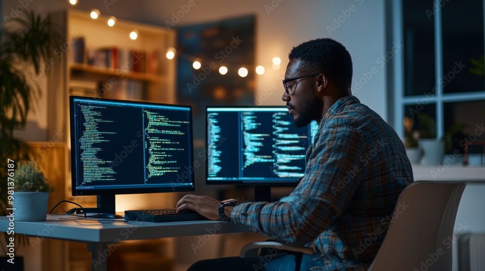 Poster a focused software developer works intently at a sleek desk with dual monitors displaying complex co