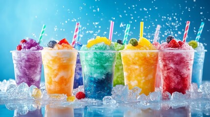 A selection of slushy frozen fruit granita drinks fills transparent cups, each topped with fresh berries and colorful straws. These refreshing beverages are ideal for warm days