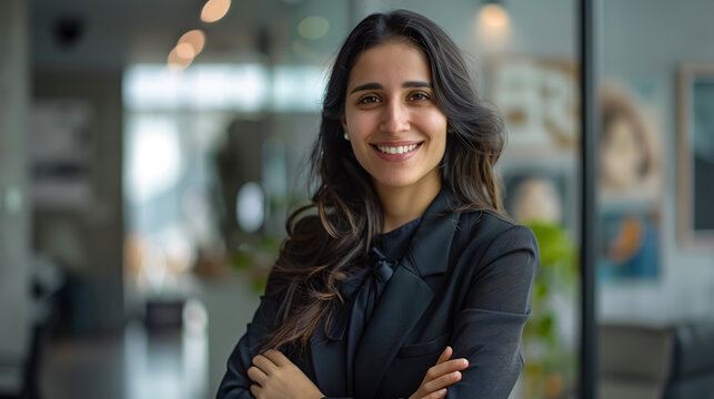 Hispanic smiling toothy Latino Indian successful confident Arabian businesswoman worker lady boss female leader girl business woman posing crossed hands looking at camera in office 