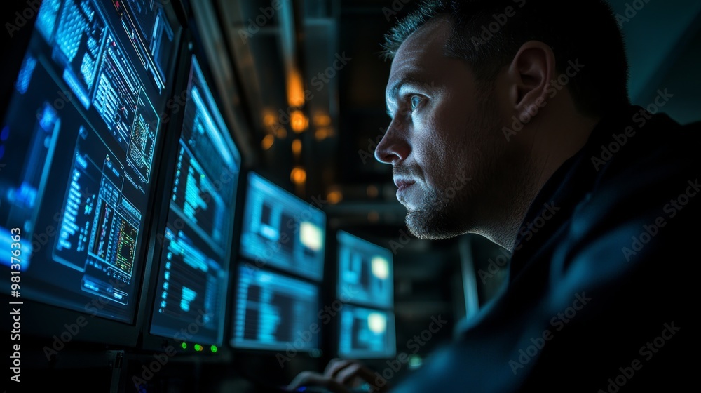 Poster a technician focuses on multiple screens in a dim server room, analyzing network activity and securi