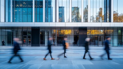 Business professionals walk quickly along a sleek pathway, highlighting a modern office building with large glass windows reflecting the city