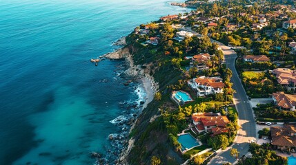 This breathtaking aerial perspective captures a coastal neighborhood where colorful homes are nestled along a winding shoreline, showcasing the vibrant blue water