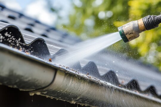 This image captures water powerfully spraying from a hose onto a roof gutter, framed by vibrant lush greenery, highlighting the importance of maintenance and cleanliness in an outdoor setting
