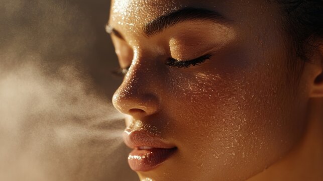 A woman applies a refreshing facial mist to her face, with tiny droplets visible on her skin. The soft glow emphasizes her relaxed expression and skincare ritual