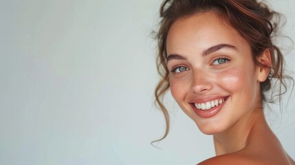 Smiling woman posing on a clean white backdrop, with high-definition details highlighting her expression.