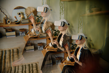 Multiple exposure shot of girl with albinism experiencing virtual reality via headset device while...