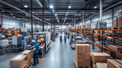 Technicians efficiently move between workstations in a warehouse where automated machines are assembling components, showcasing a productive manufacturing process