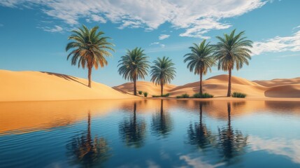 Palm Trees Reflecting in a Still Oasis Pool in the Desert