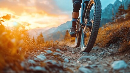 Naklejka premium sunset adventure with a mountain biker navigating a challenging trail, featuring a dynamic action shot that emphasizes the thrill, speed, and endurance of outdoor sports in nature