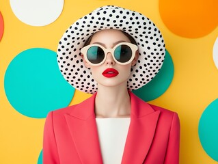 Vibrant portrait of a fashionable model with striking sunglasses and hat against a colorful background, embodying summer style.