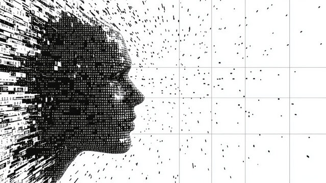 Abstract digital profile of a human face composed of binary code and geometric lines