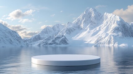 White Platform Floating on a Calm Lake with Snowy Mountains in the Background