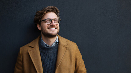 Fototapeta premium Smiling young professional in glasses and a brown coat gazes upward with hope and optimism