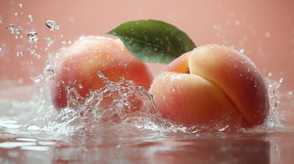 Fototapeta premium Two Peaches Splashing into Water with Green Leaf