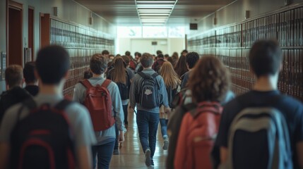 Students fill the high school hallway, moving between classes as they chat and socialize. Lockers line the walls, adding to the energetic atmosphere of the school