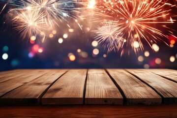 Close-Up of Wooden Table with New Year Fireworks in Blurry Background