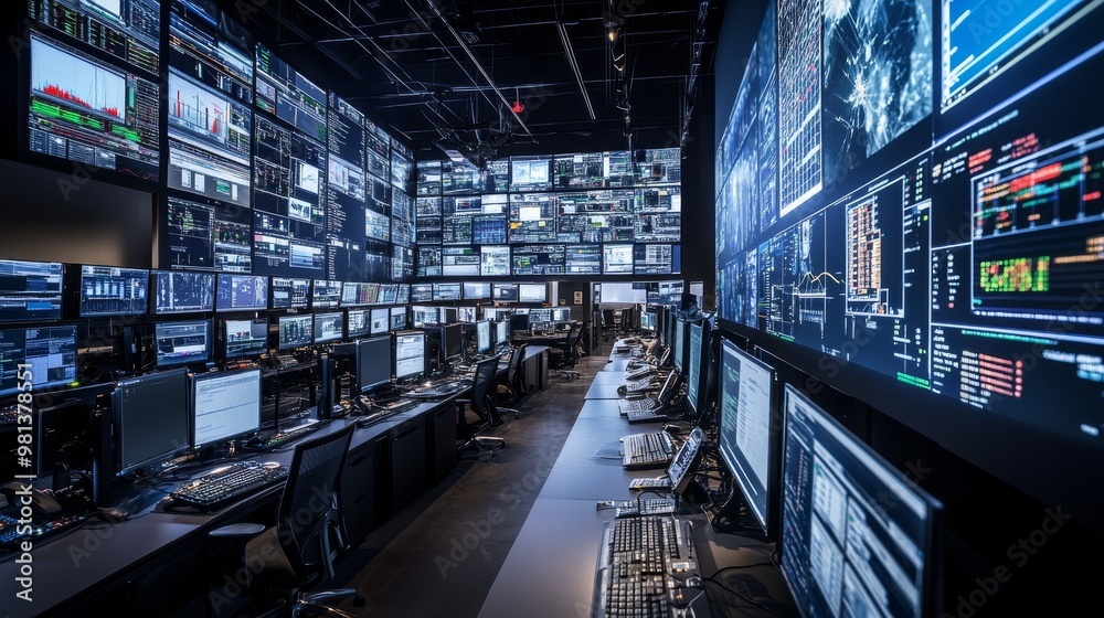 Poster this expansive network operations center features numerous screens showcasing data visualizations, p