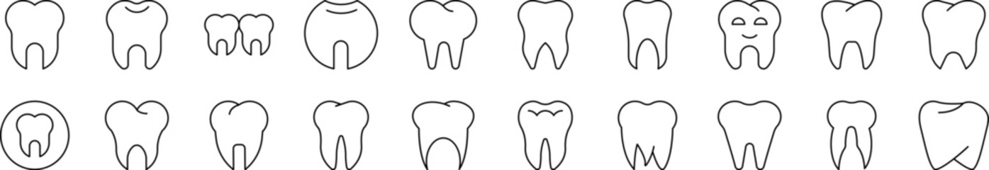 Teeth and Stomatology Icon Set for UI, Placards, Books, Apps. Editable Stroke. Suitable for Web Sites, Books, Cards, Apps