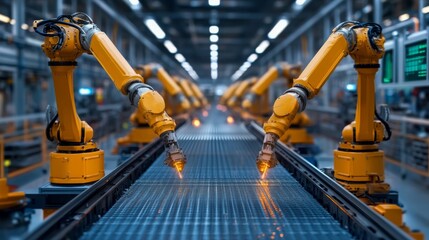 Robotic arms operate in perfect synchronization, efficiently assembling automotive components on a conveyor belt in a high-tech facility