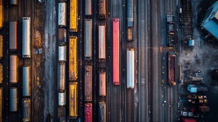 Obraz premium The train yard features an array of colorful freight cars arranged neatly on tracks, surrounded by industrial structures, illustrating a lively transportation hub