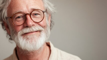 Fototapeta premium An elderly man with a silver beard and round glasses displays a gentle smile, reflecting a lifetime of experiences and wisdom in a soft, inviting atmosphere