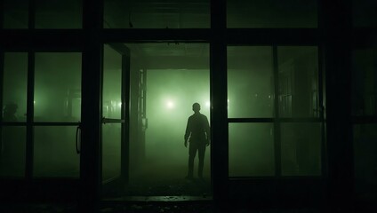 Figure silhouetted in green fog, framed by an illuminated doorway.